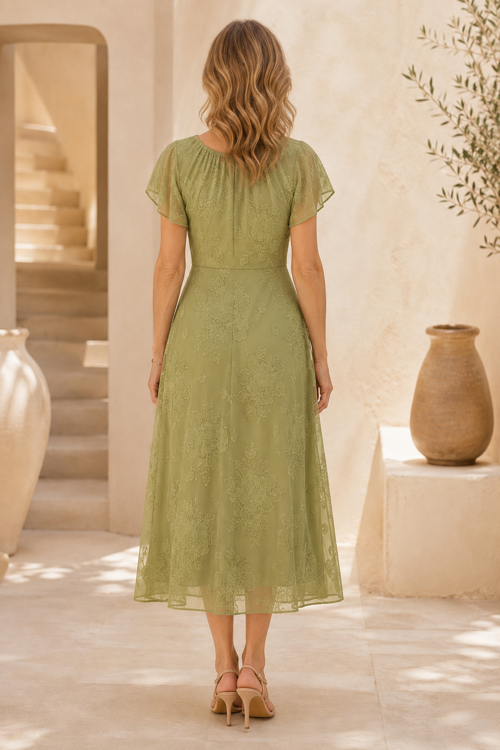 Midi-Kleid mit A-Linie, Volantärmeln und Stickereien
