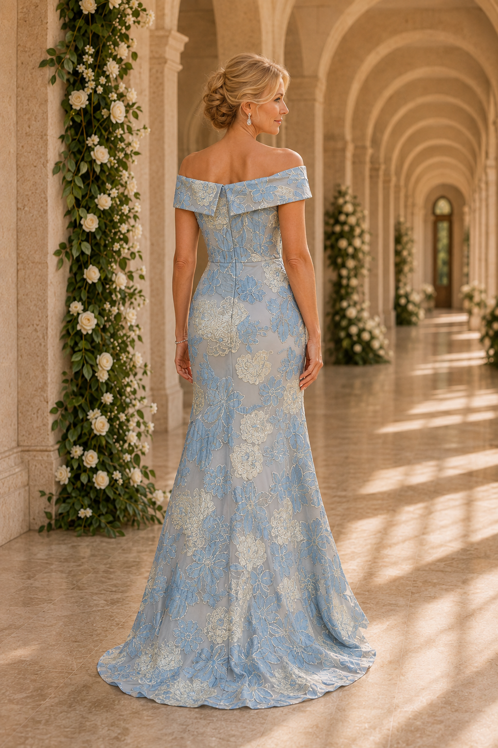 Schulterfreies, geblümtes High-Low-Abendkleid