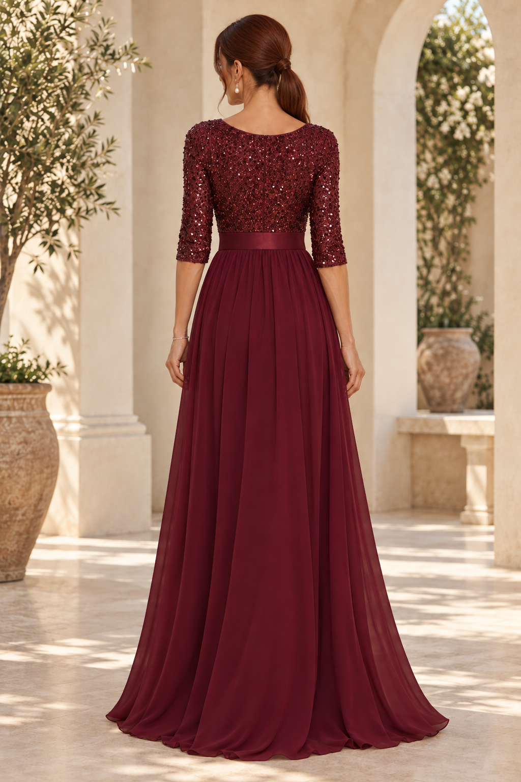 Sequin Bodice A-Line Gown with 3/4 Sleeves