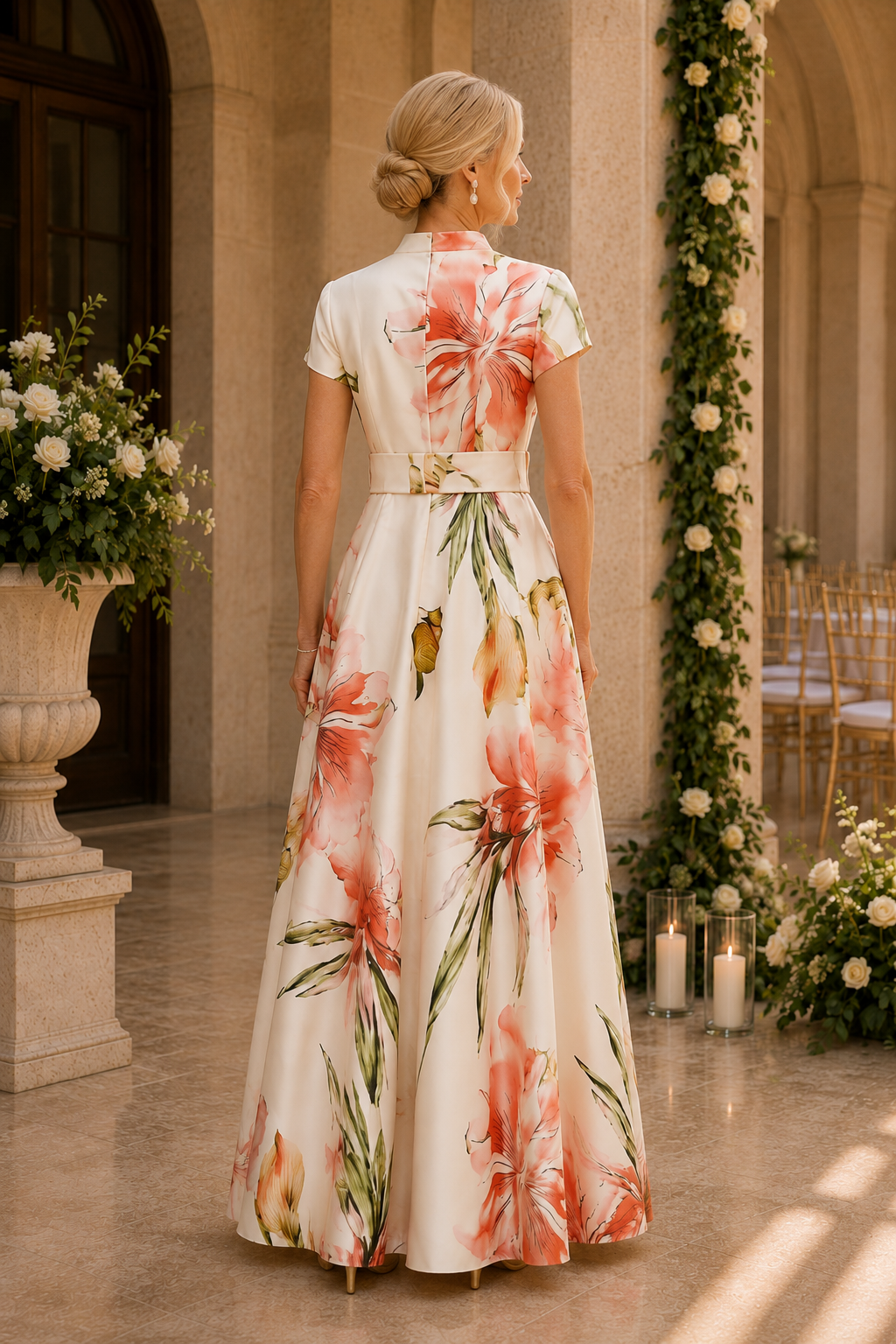 Maxikleid mit Blumenmuster, Gürtel und Ärmeln in A-Linie