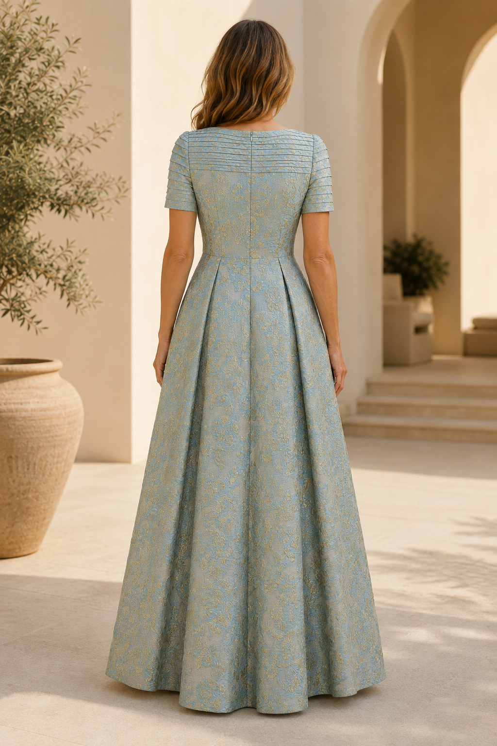 Plissiertes Abendkleid mit U-Boot-Ausschnitt aus Jacquard in A-Linie