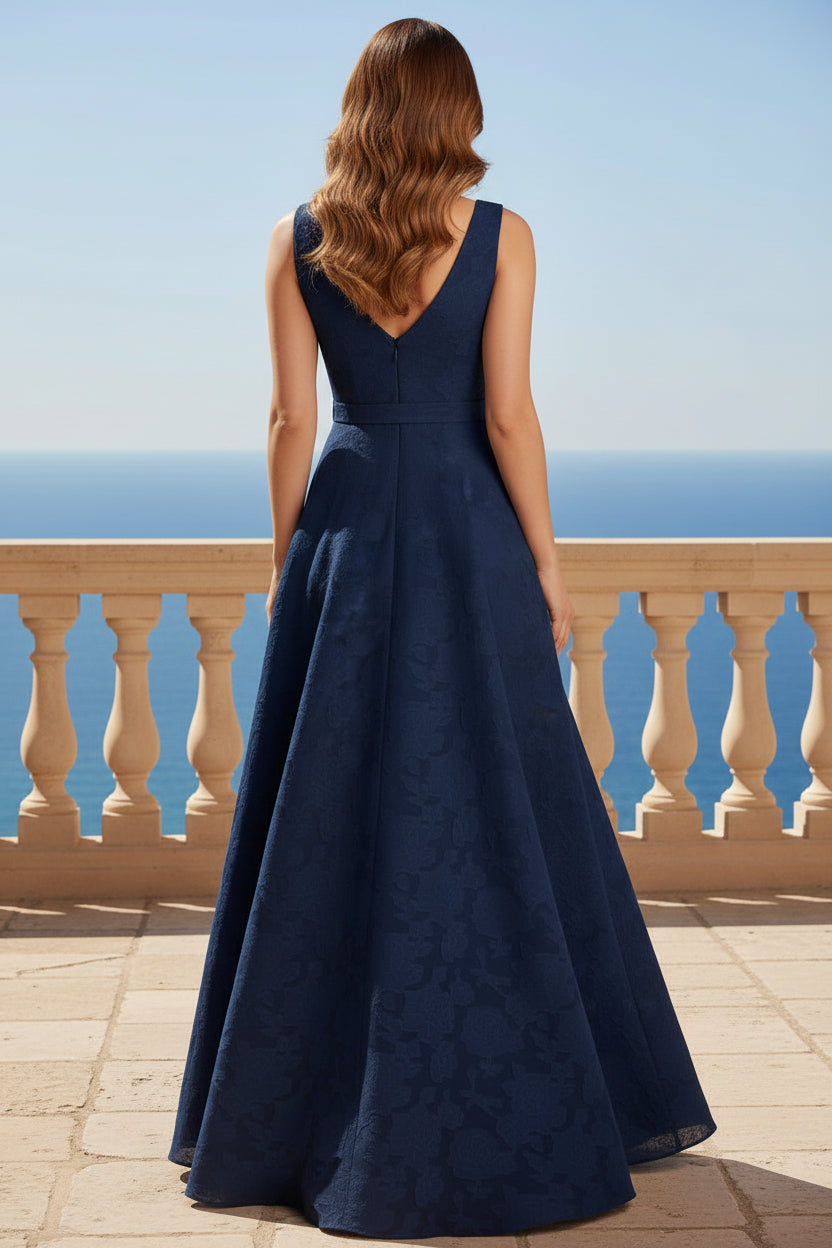Ärmelloses A-Linien-Abendkleid aus Jacquard mit V-Ausschnitt
