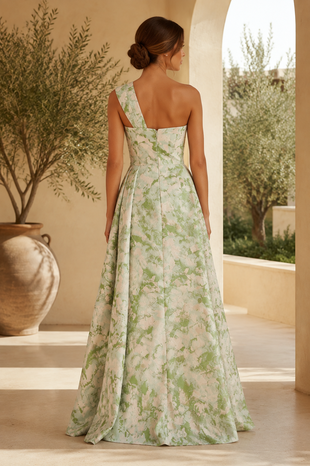One-Shoulder Abendkleid in A-Linie mit Blumenmuster