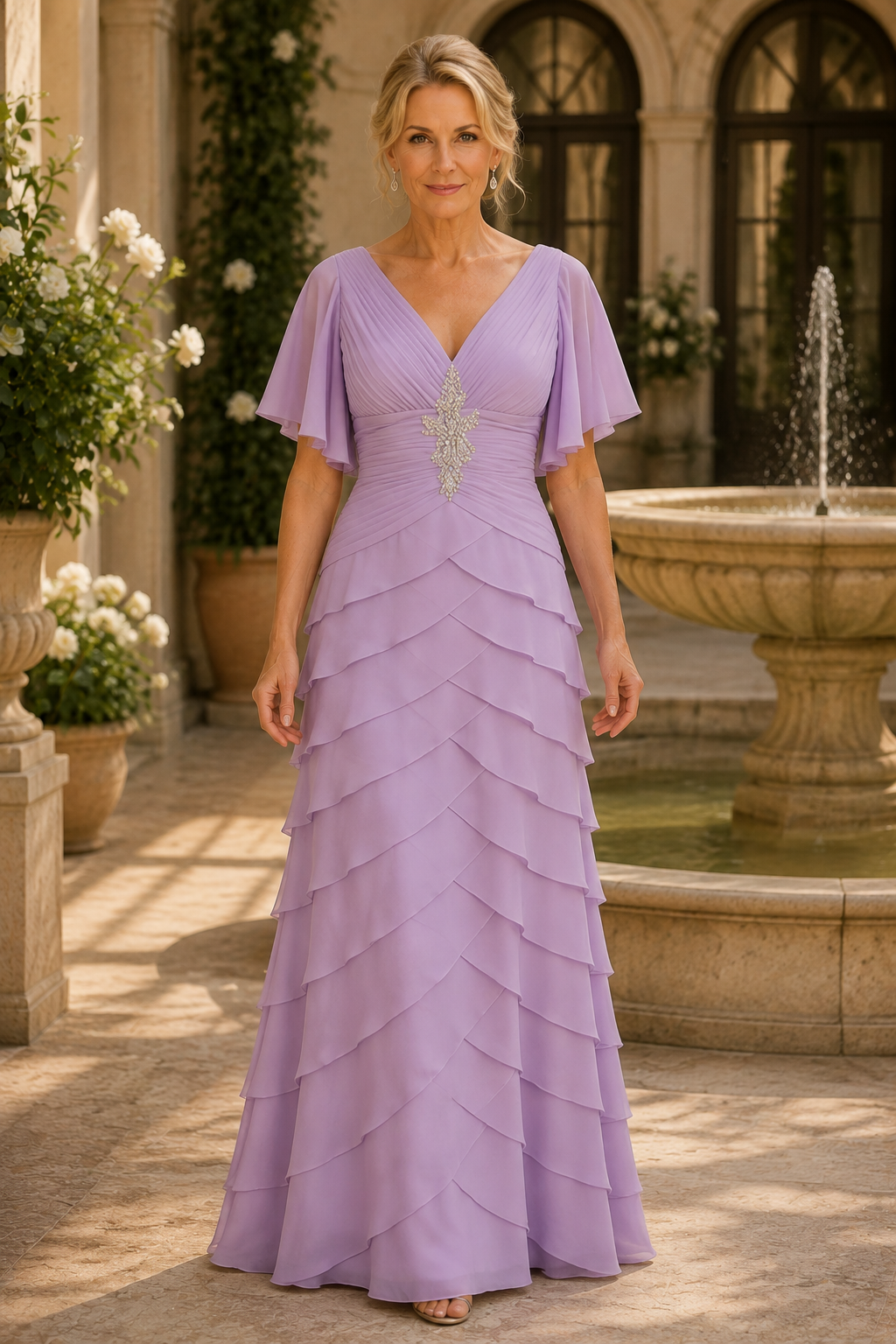 Gestuftes Chiffonkleid mit Volantärmeln