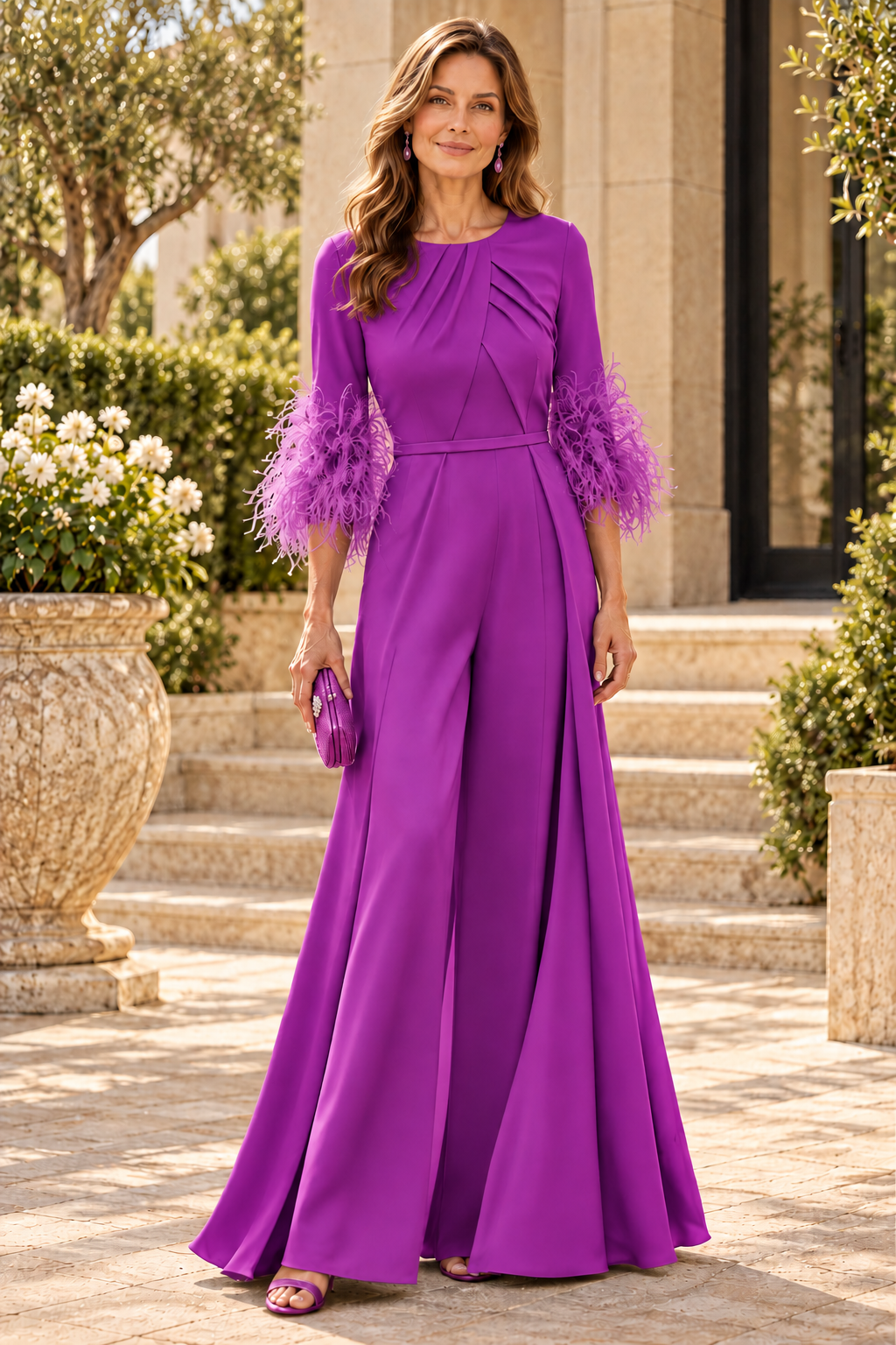 Pleated Bodice Jumpsuit with Feather Sleeves