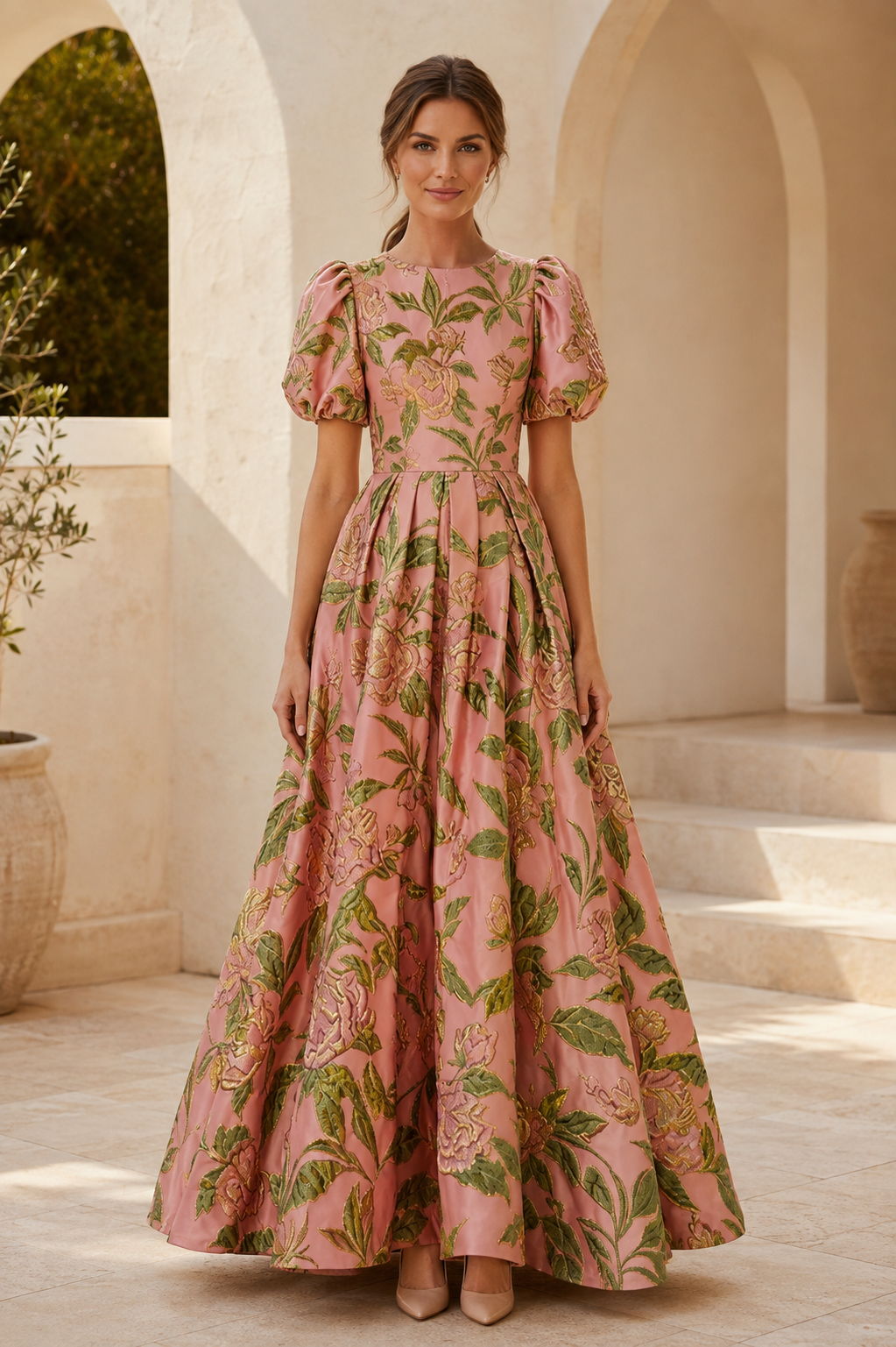 Geblümtes Jacquard A-Linien-Kleid mit Puffärmeln