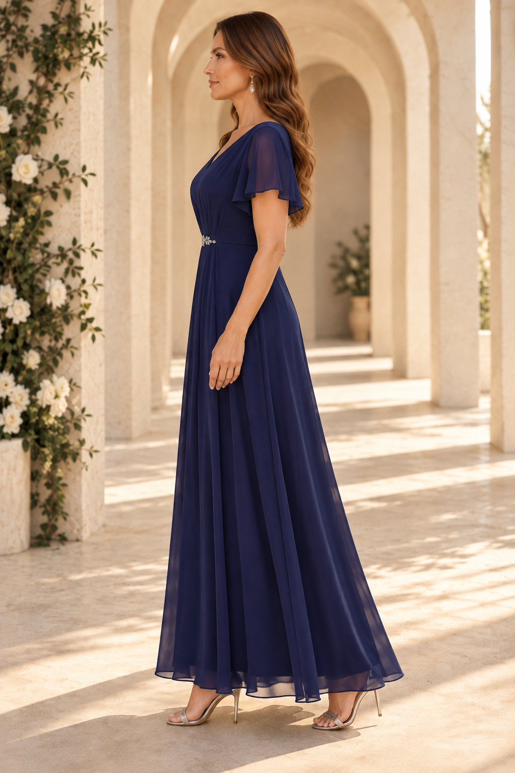 V-Neck Flutter Sleeve A-Line Gown with Crystal Detail