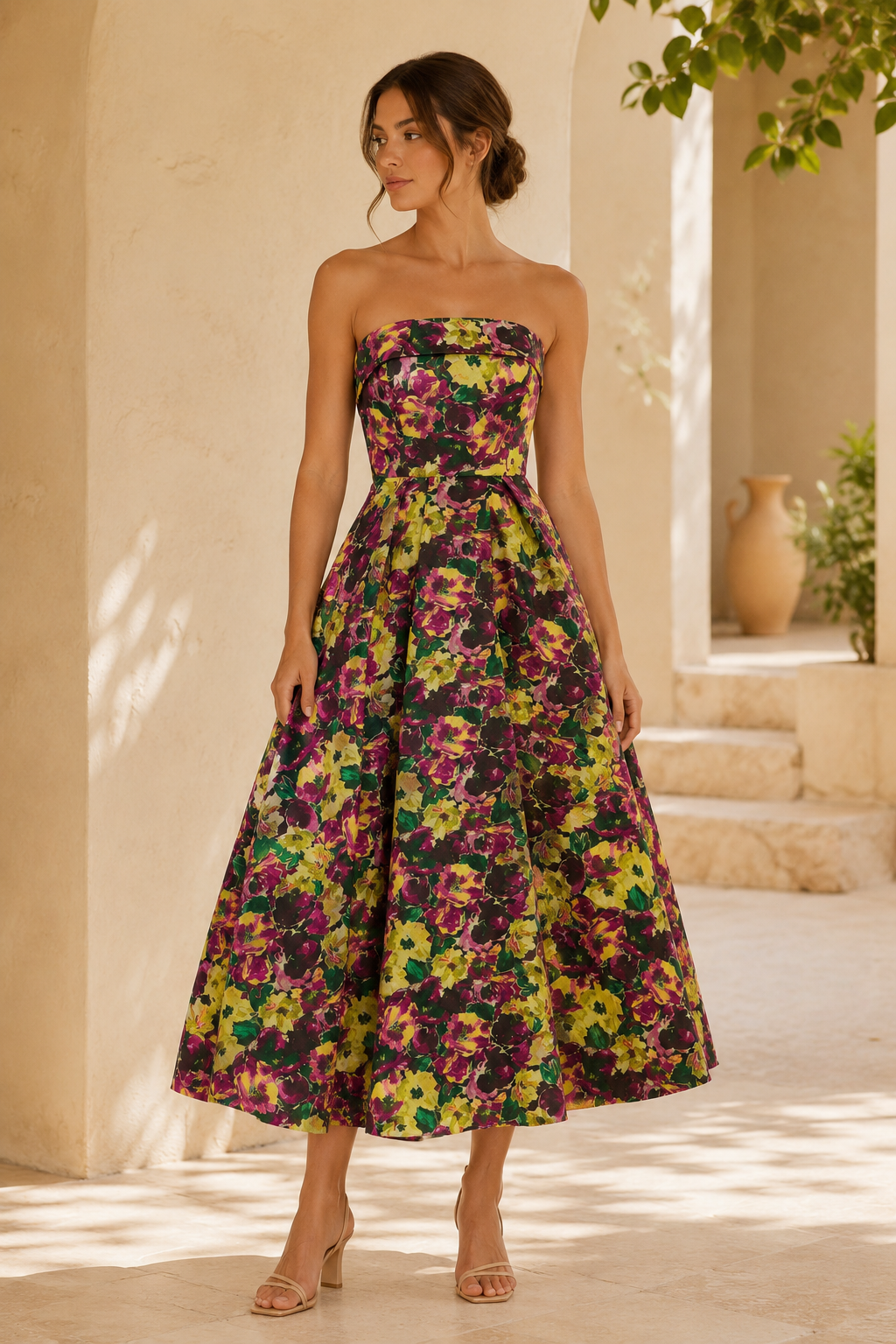 Trägerloses A-Linien-Kleid in Teelänge aus floralem Jacquard