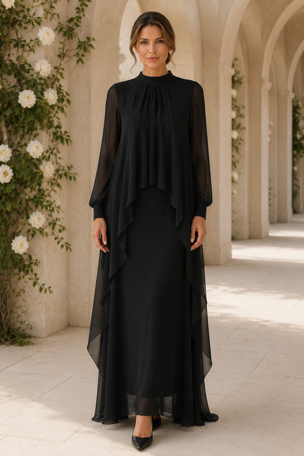 High-Neck Layered Chiffon Maxi Evening Gown