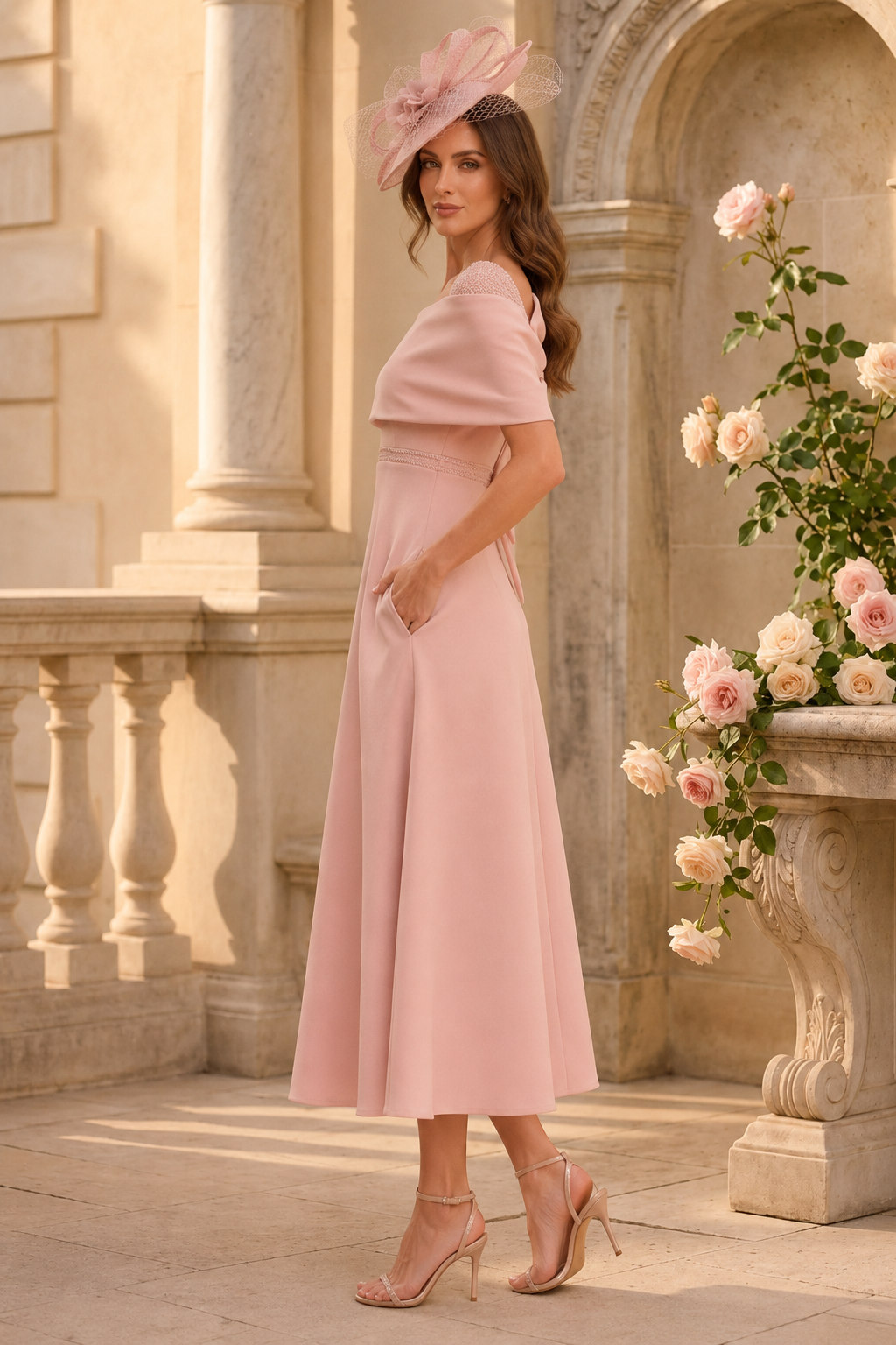 Off-Shoulder Midi-Kleid mit Schleifendetail am Rücken