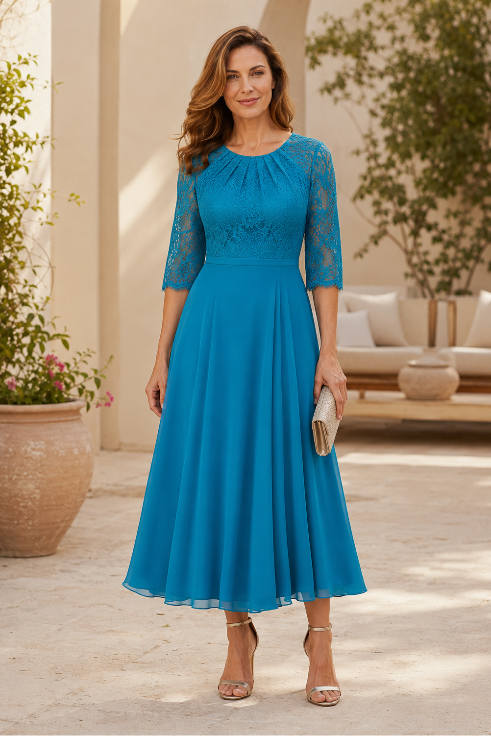 A-Linien-Kleid aus Spitze und Chiffon (Midi)