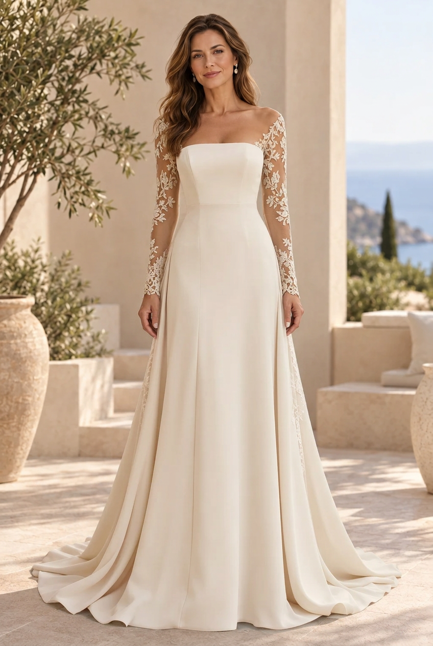 Illusion Long Sleeve A-Line Gown with Lace Insets