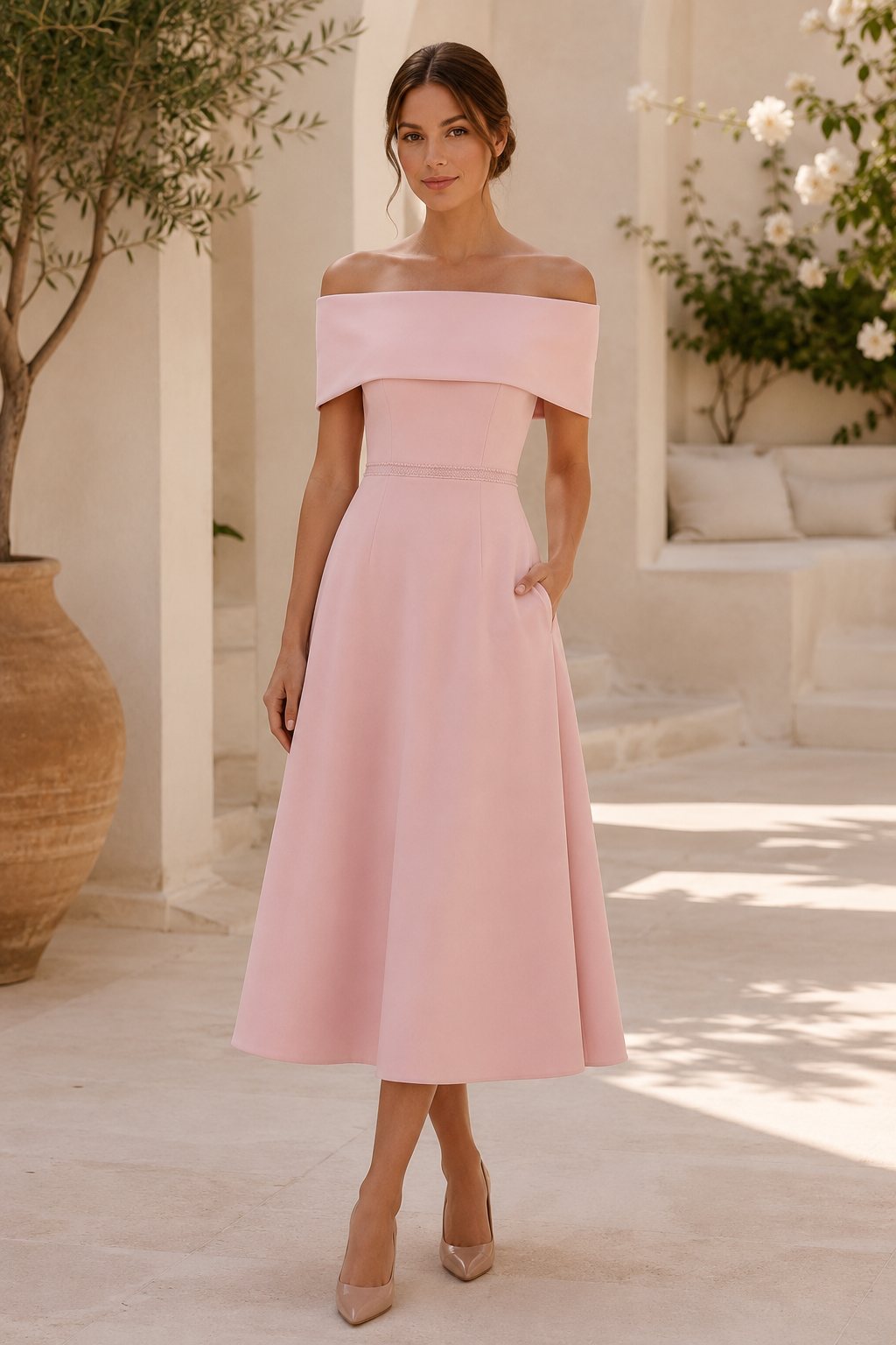 Ärmelloses Midikleid mit Carmen-Ausschnitt, Schleifendetail am Rücken und Taschen