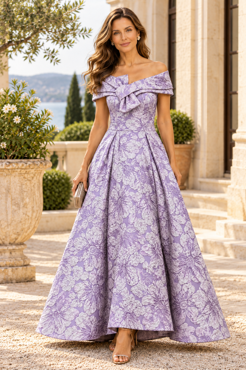 Off-the-Shoulder Jacquard Ball Gown with Bow