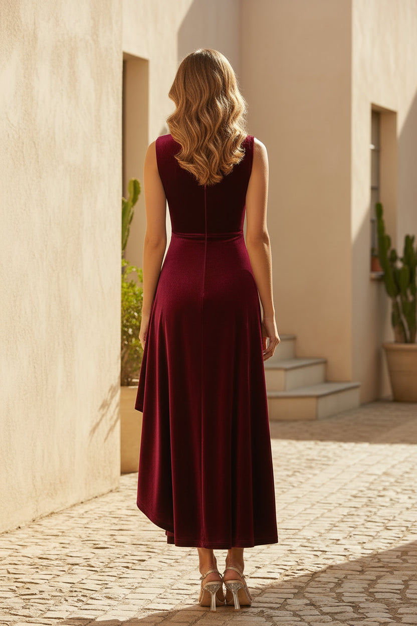 Samt-V-Ausschnitt-Kleid mit Raffungen und hohem Schlitz