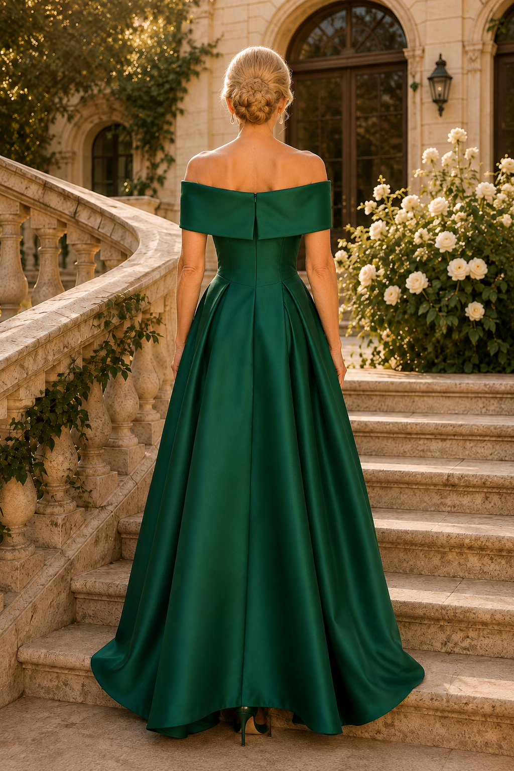 Off-Shoulder Plissiertes Satin-Abendkleid in A-Linie