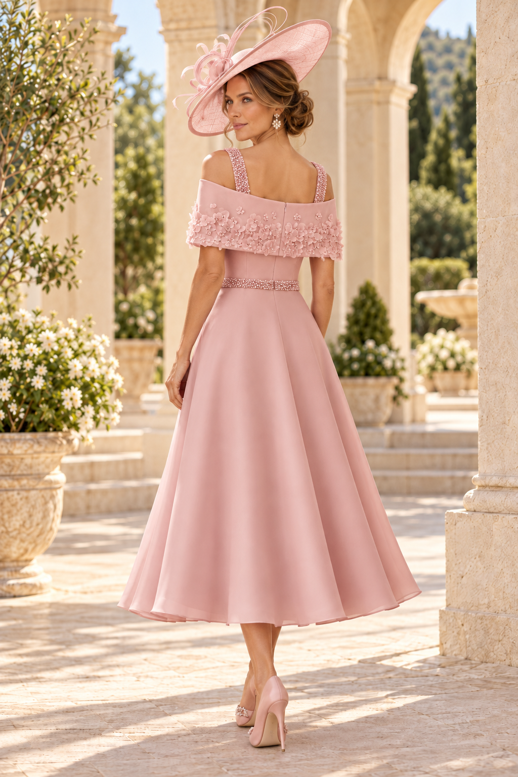 Floral Applique Cold-Shoulder Tea-Length Dress