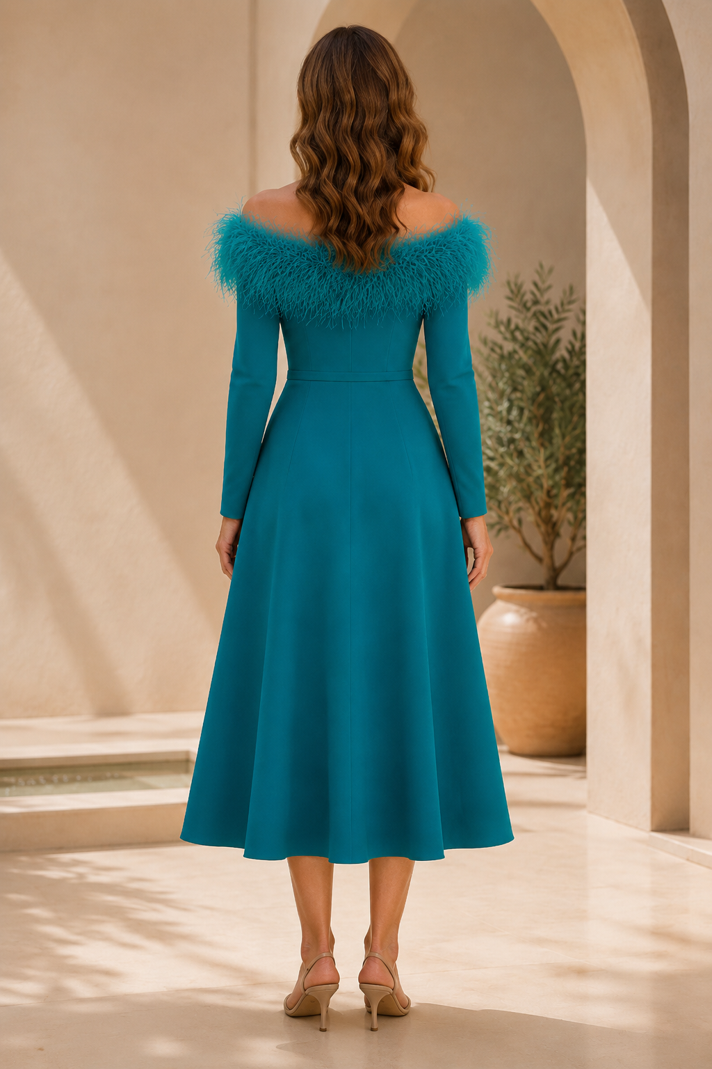Federbesetztes schulterfreies langärmeliges Midikleid
