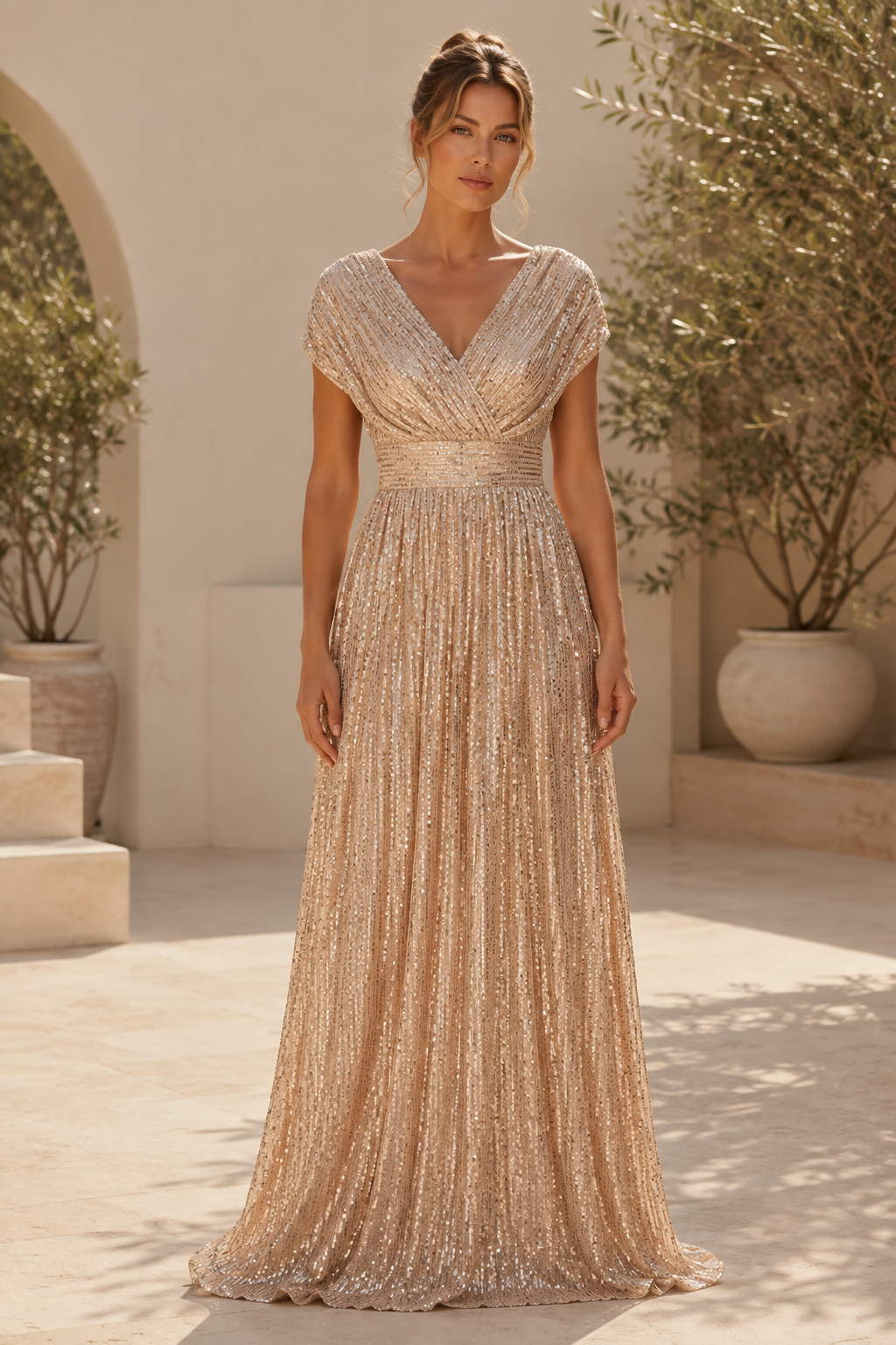 Pailletten-A-Linien-Kleid mit V-Ausschnitt und kurzen Ärmeln