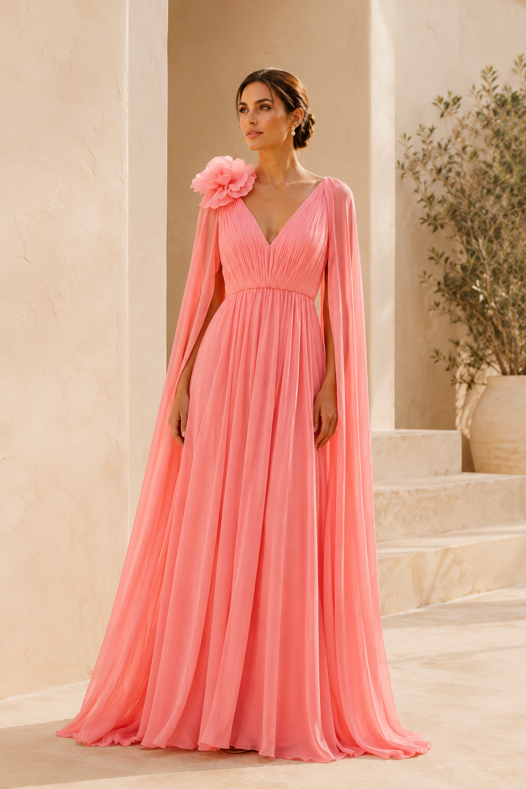 Chiffonkleid mit Cape-Ärmeln und 3D-Blumen-Detail