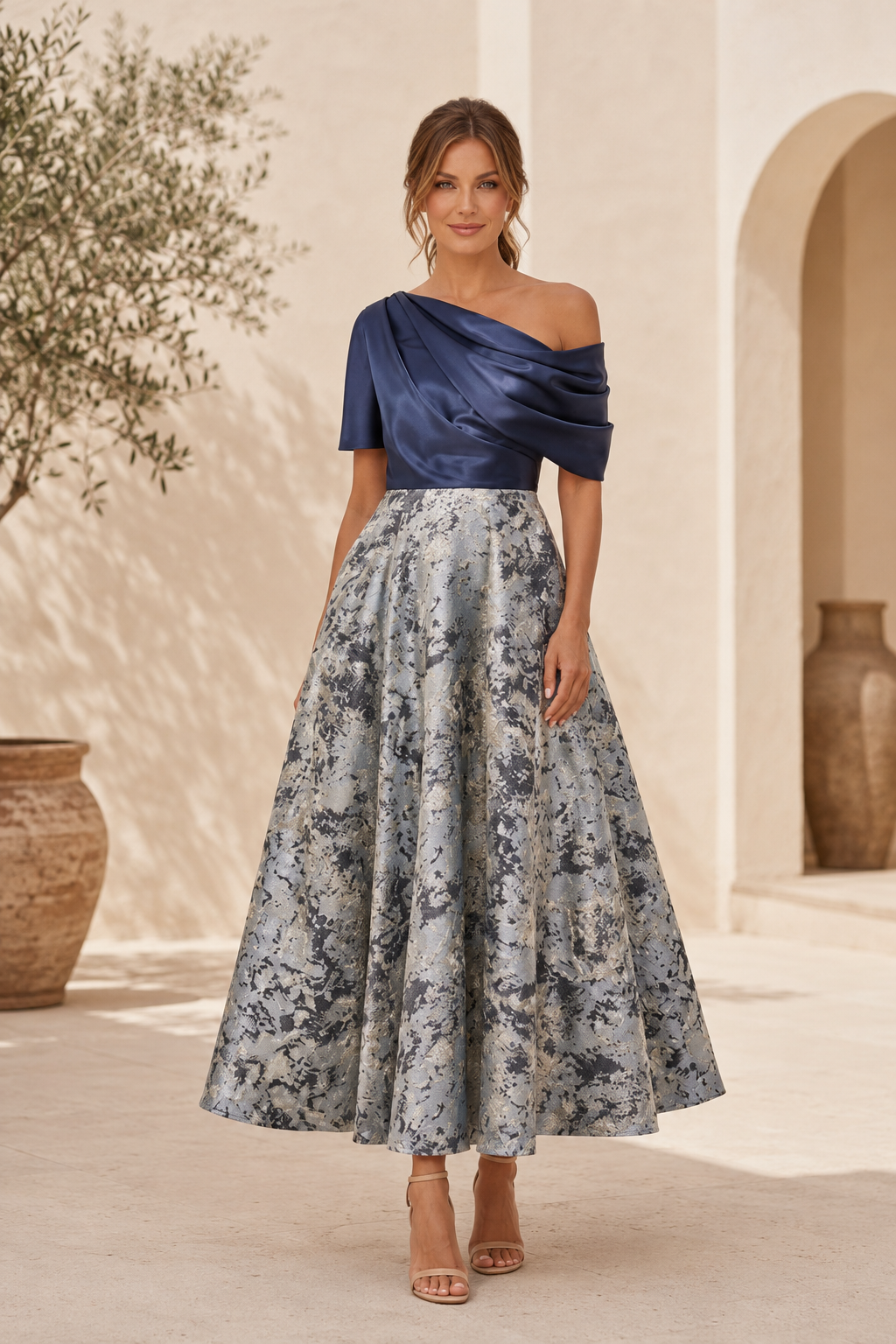 Ein-Schulter-Satin-Oberteil mit Metallic-Jacquard-Rock