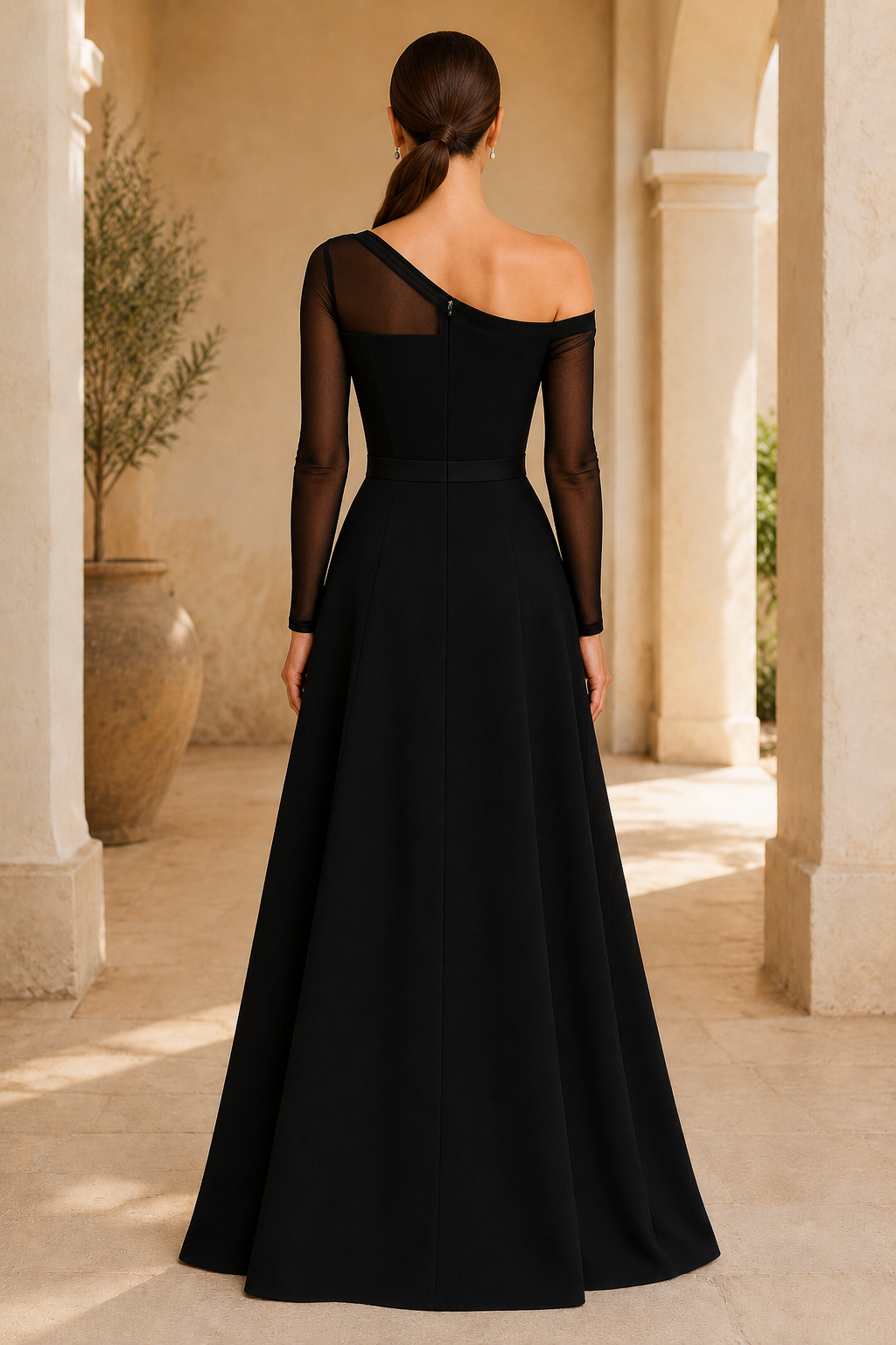 Asymmetrisches A-Linien-Kleid mit langen Ärmeln und Illusionseinsatz an einer Schulter