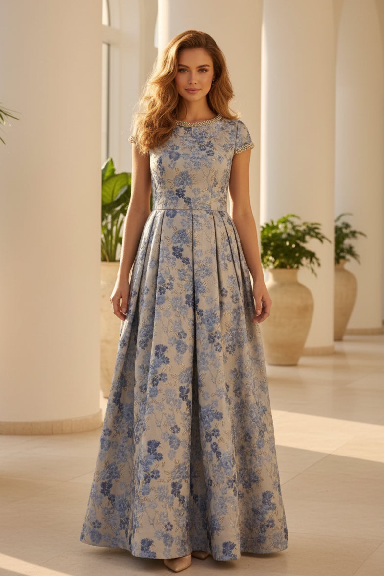 Geblümtes Jacquard-Ballkleid mit Perlenbesatz