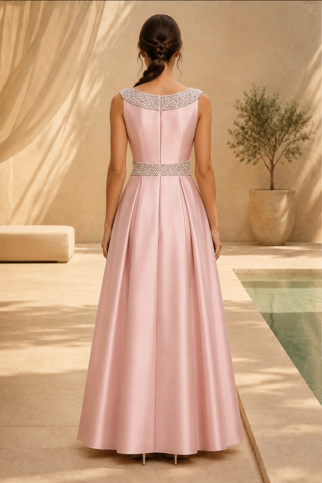 Perlenbesetztes Satin-Abendkleid mit Bateau-Ausschnitt und A-Linie