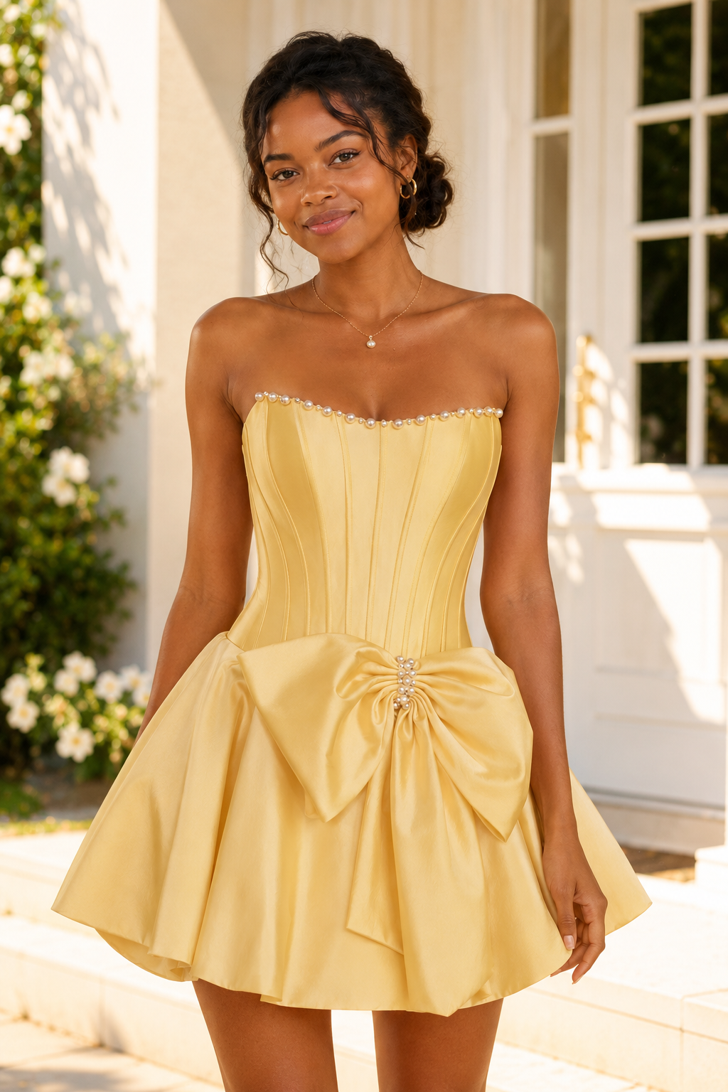 Trägerloses Korsett-Minikleid mit Perlenverzierung und Schleife