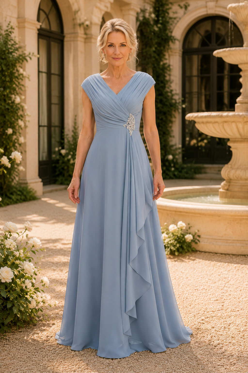 Plissiertes V-Ausschnitt A-Linien-Kleid mit Kristallbrosche