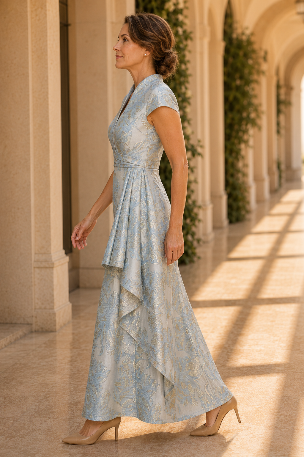 Jacquard-Maxikleid mit V-Ausschnitt und seitlich fallender Rüsche