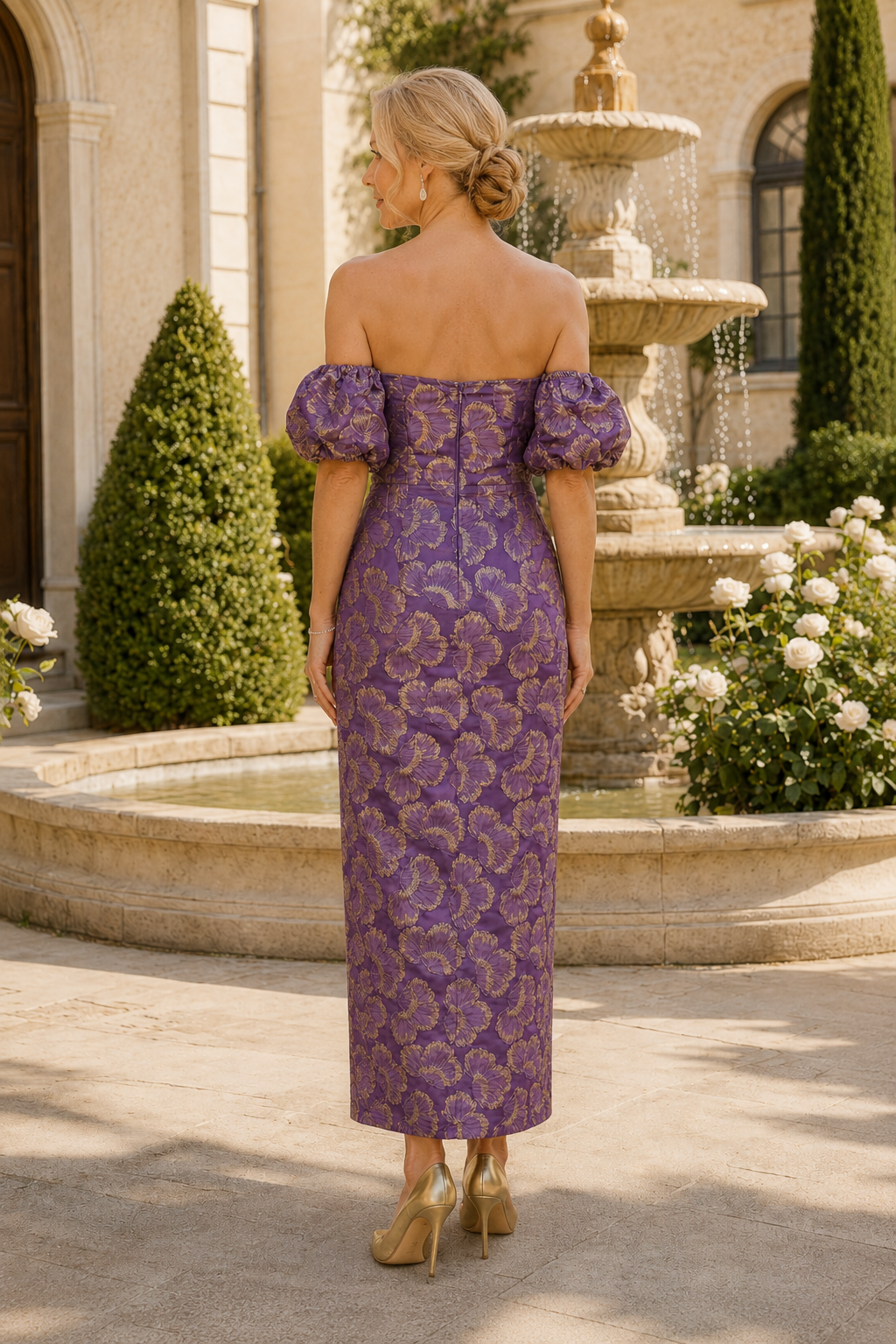 Off-Shoulder-Jacquard-Säulenkleid mit Puffärmeln