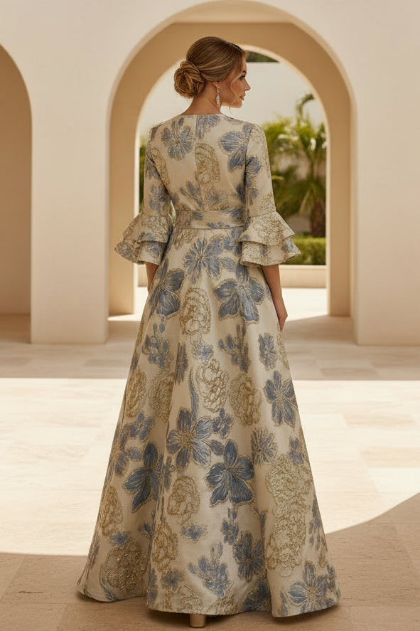 Geblümtes Jacquard-Wickelkleid mit Rüschenärmeln