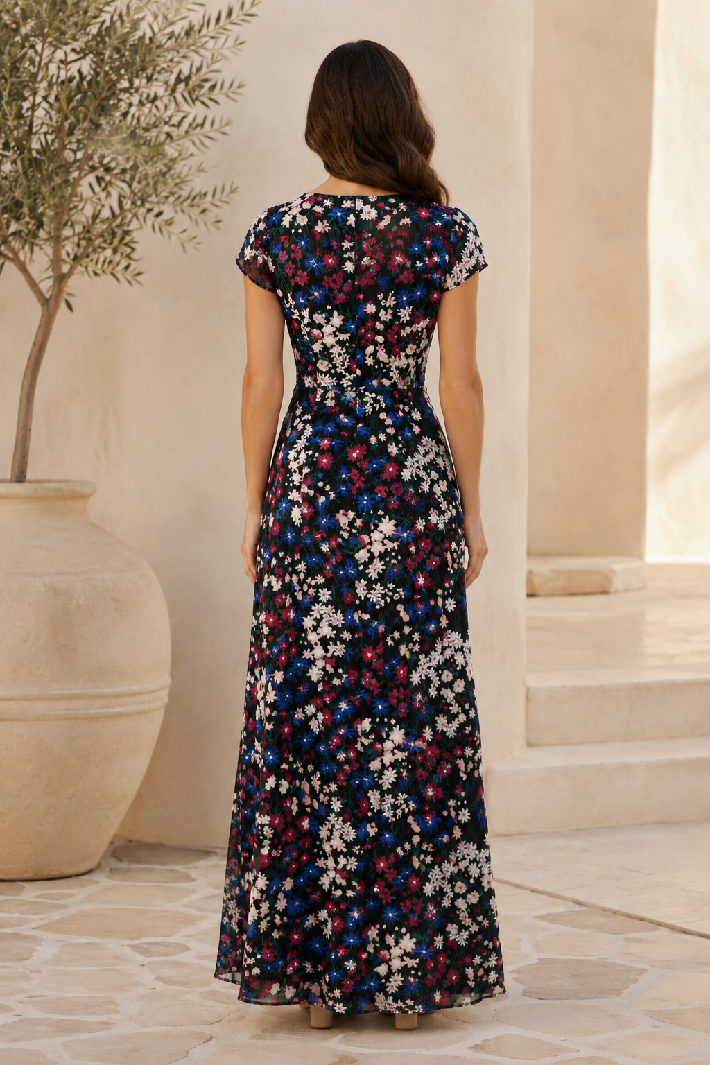 Geblümtes Wickel-Maxikleid mit V-Ausschnitt und Volantärmeln