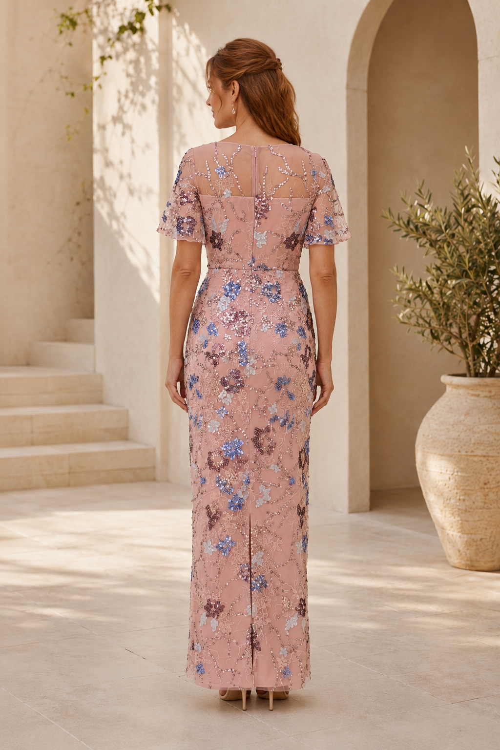 Florales Pailletten-Maxi-Abendkleid mit Illusionsausschnitt