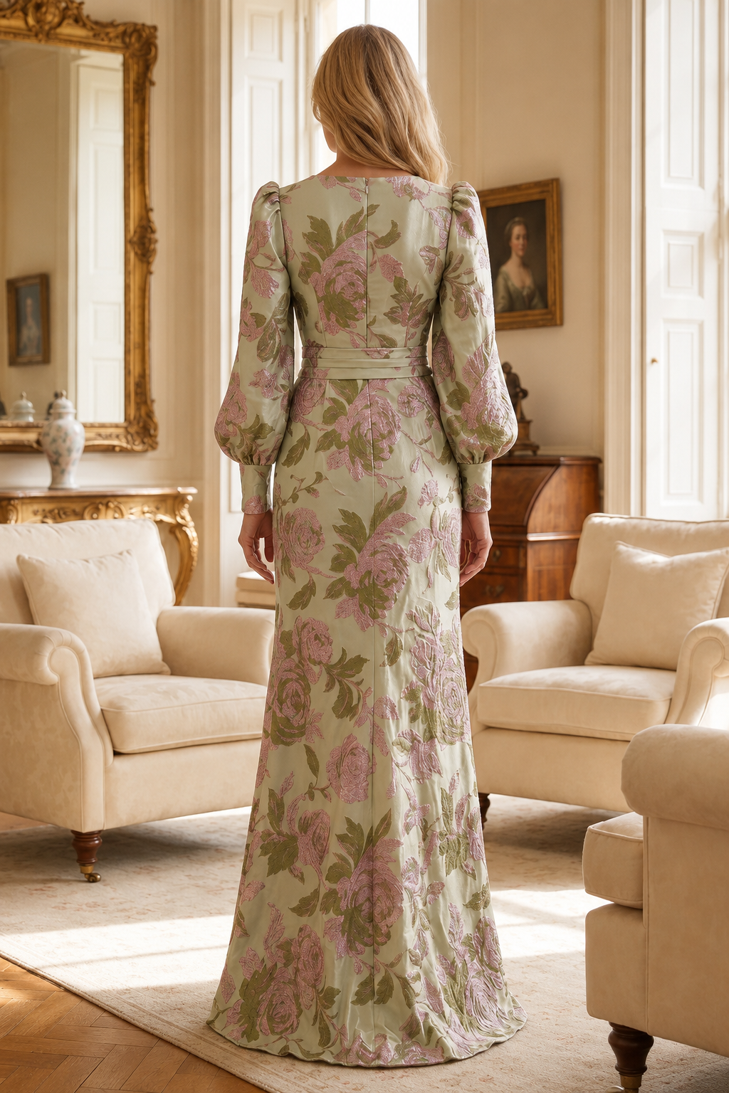 Langärmelige Jacquard-Robe mit Blumenmuster und hohem Schlitz