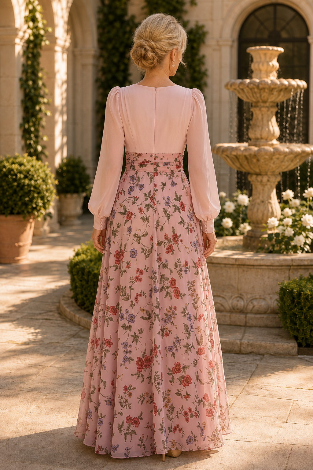 Geblümtes A-Linien-Maxikleid mit langen Ärmeln