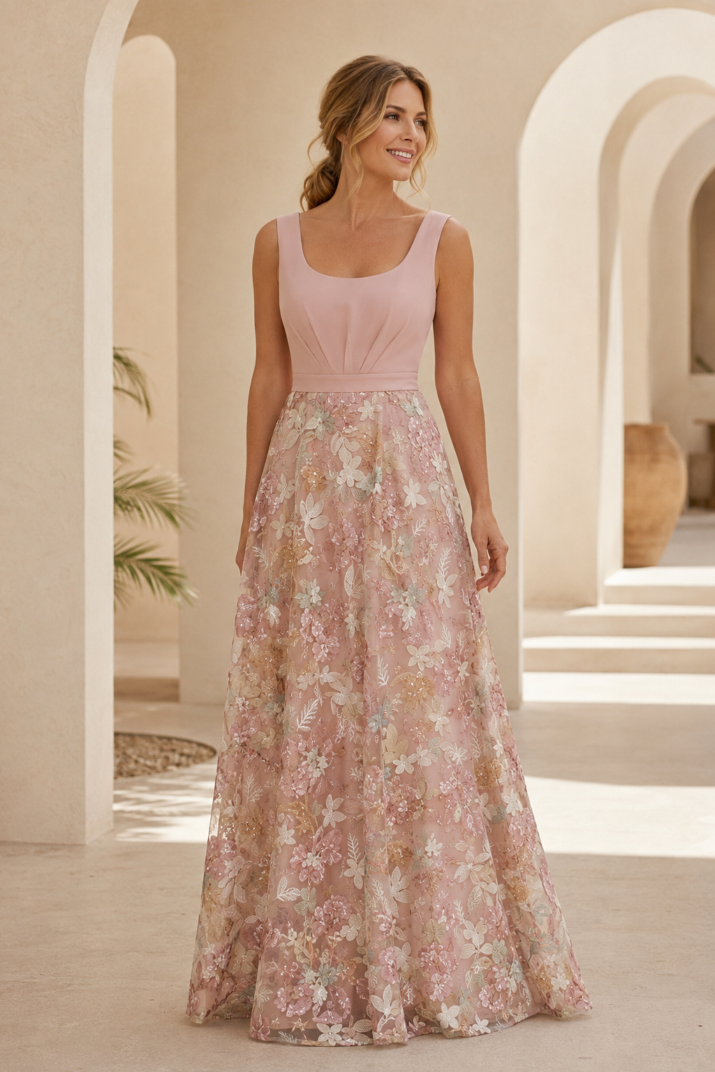 Abendkleid aus bestickter Spitze im A-Linien-Schnitt mit U-Boot-Ausschnitt