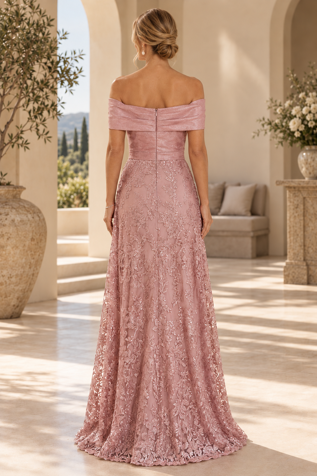 Off-the-Shoulder Floral Lace Evening Gown