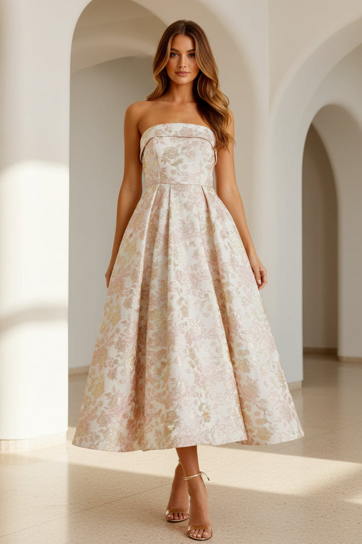 Trägerloses A-Linien-Midikleid aus Metallic-Jacquard