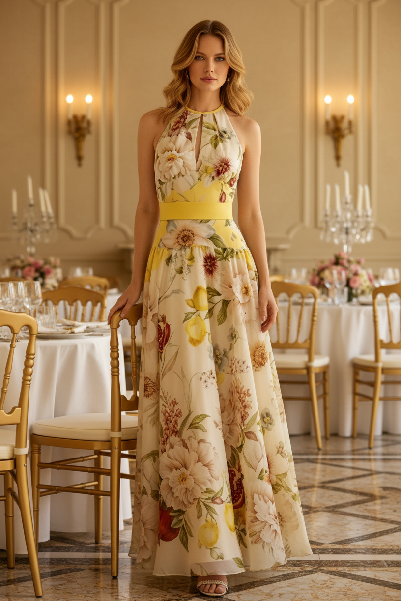 Geblümtes Neckholder-Maxikleid mit Schlüssellochausschnitt