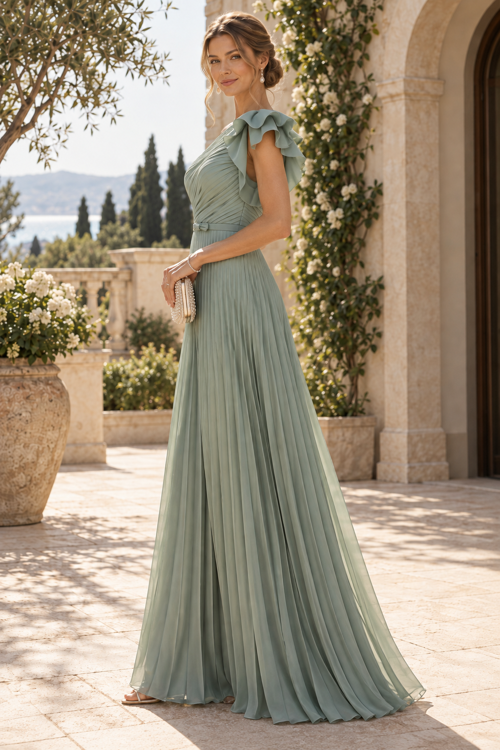 One-Shoulder Pleated A-Line Chiffon Maxi Gown