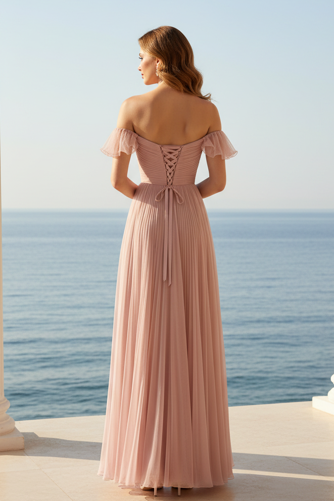 Off-Shoulder Plissiertes Tüll-A-Linien-Kleid
