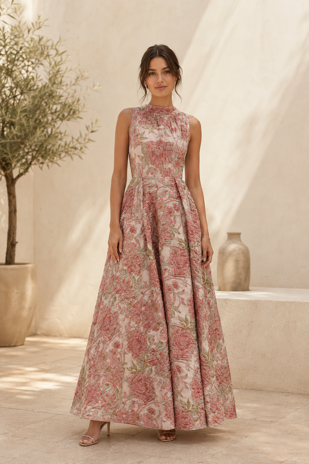 Geblümtes Jacquard Maxikleid mit hohem Ausschnitt und A-Linie