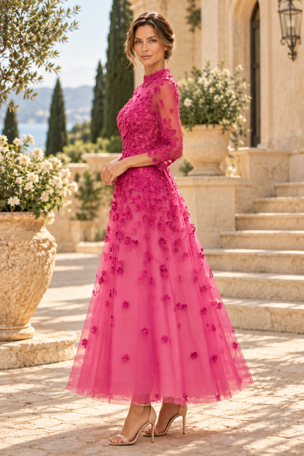 3D Floral Applique Ankle-Length A-Line Dress