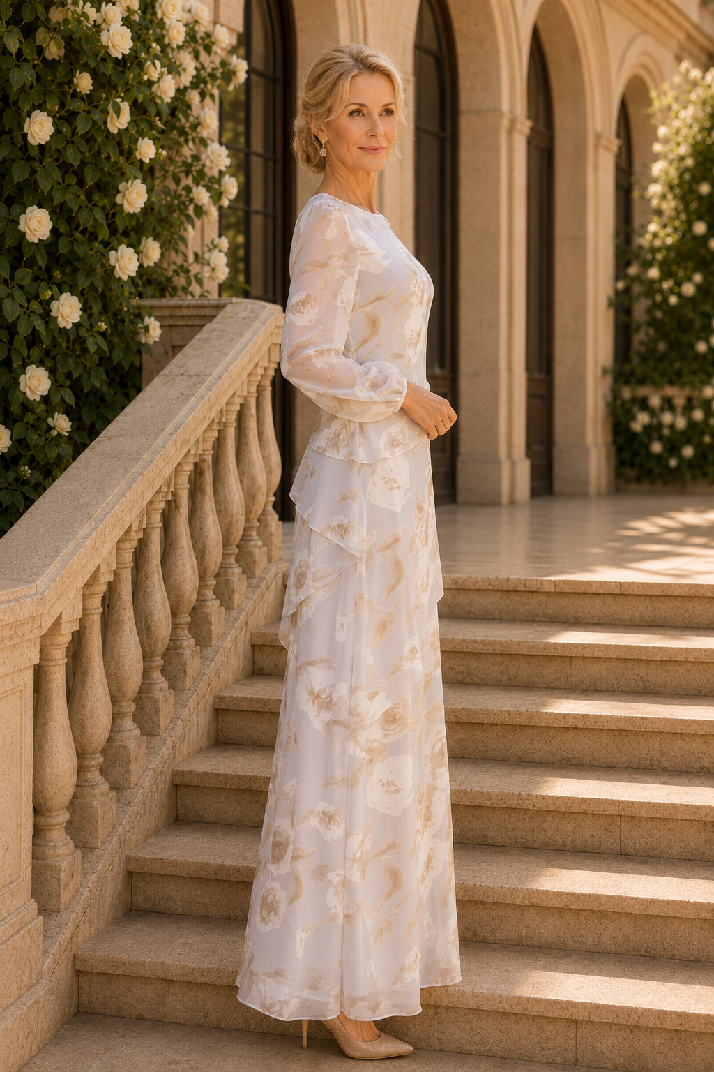 Geblümtes Maxi-Stufenkleid mit langen Ärmeln