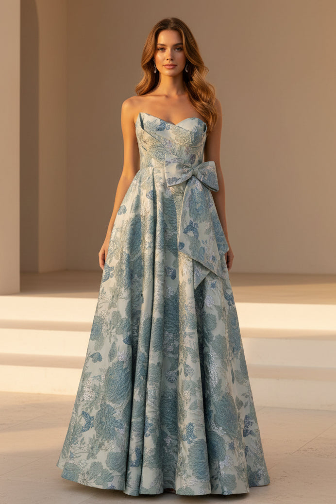 Trägerloses Jacquard-A-Linien-Kleid mit Schleifendetail