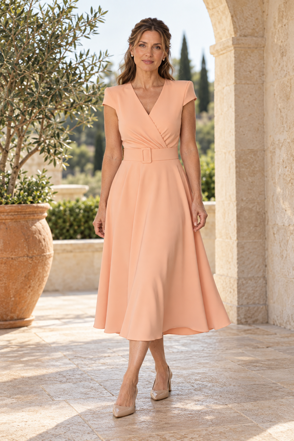 V-Neck Belted A-Line Midi Dress with Cap Sleeves