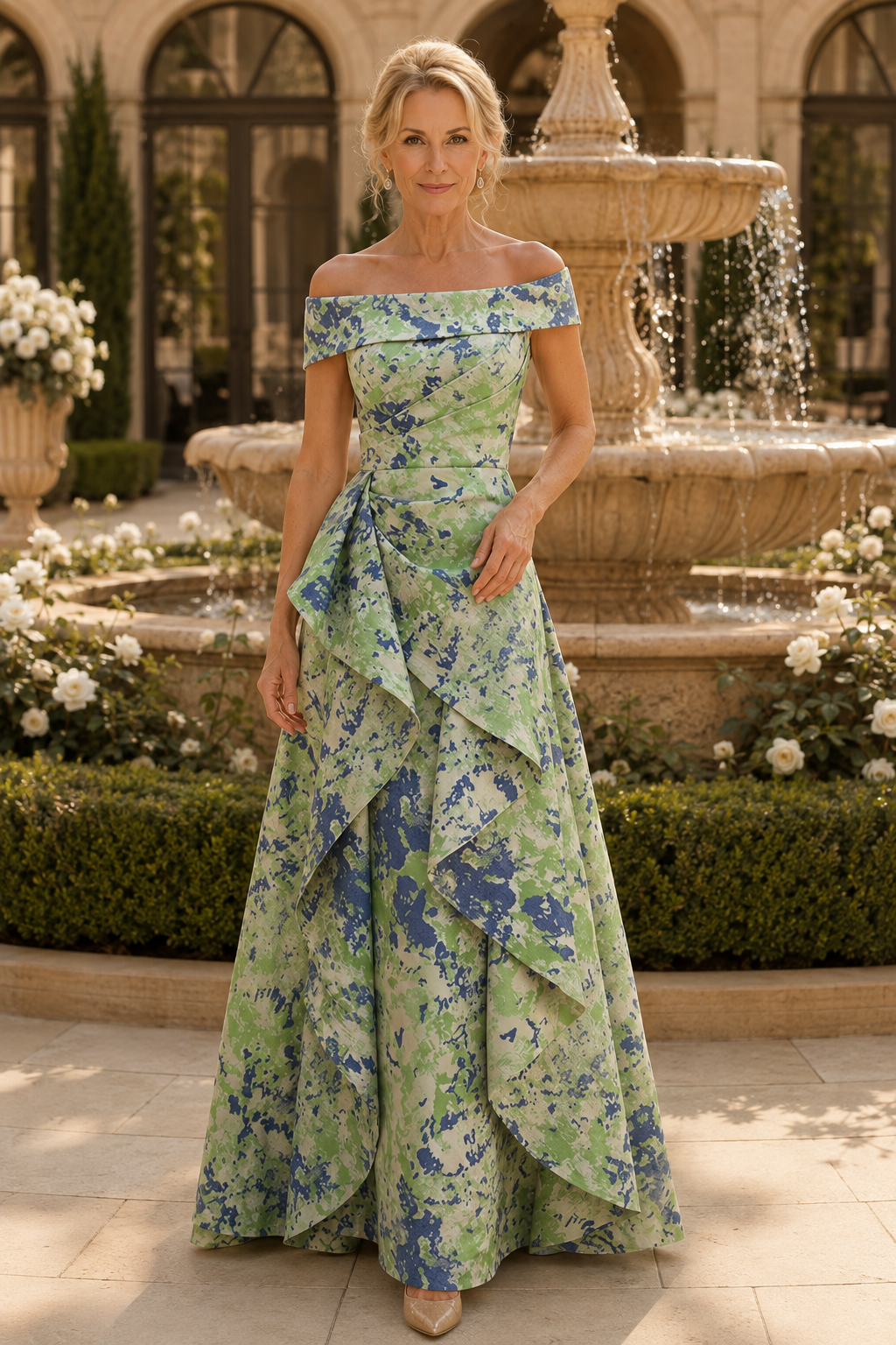 Carmen-Ausschnitt, plissiertes, gestuftes A-Linien-Kleid