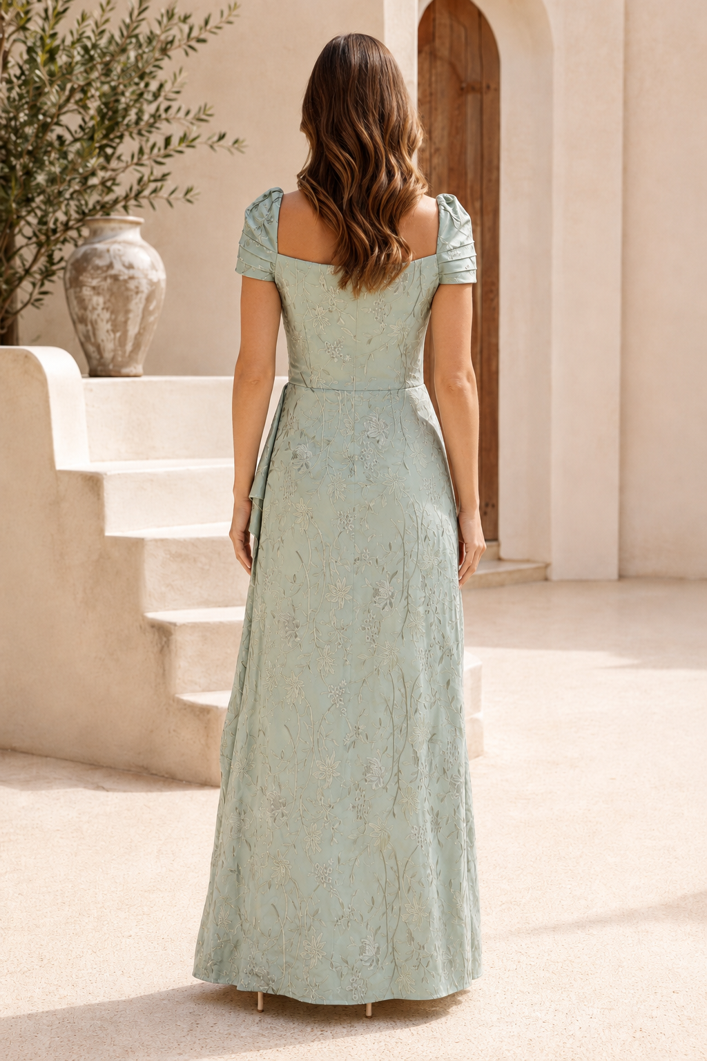 Florales Jacquard A-Linien Abendkleid mit seitlicher Drapierung